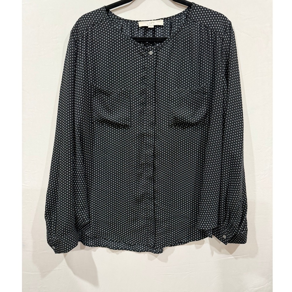 LOFT Black White Polka Dot‎ Button Front Long Sleeve Blouse Top Size L